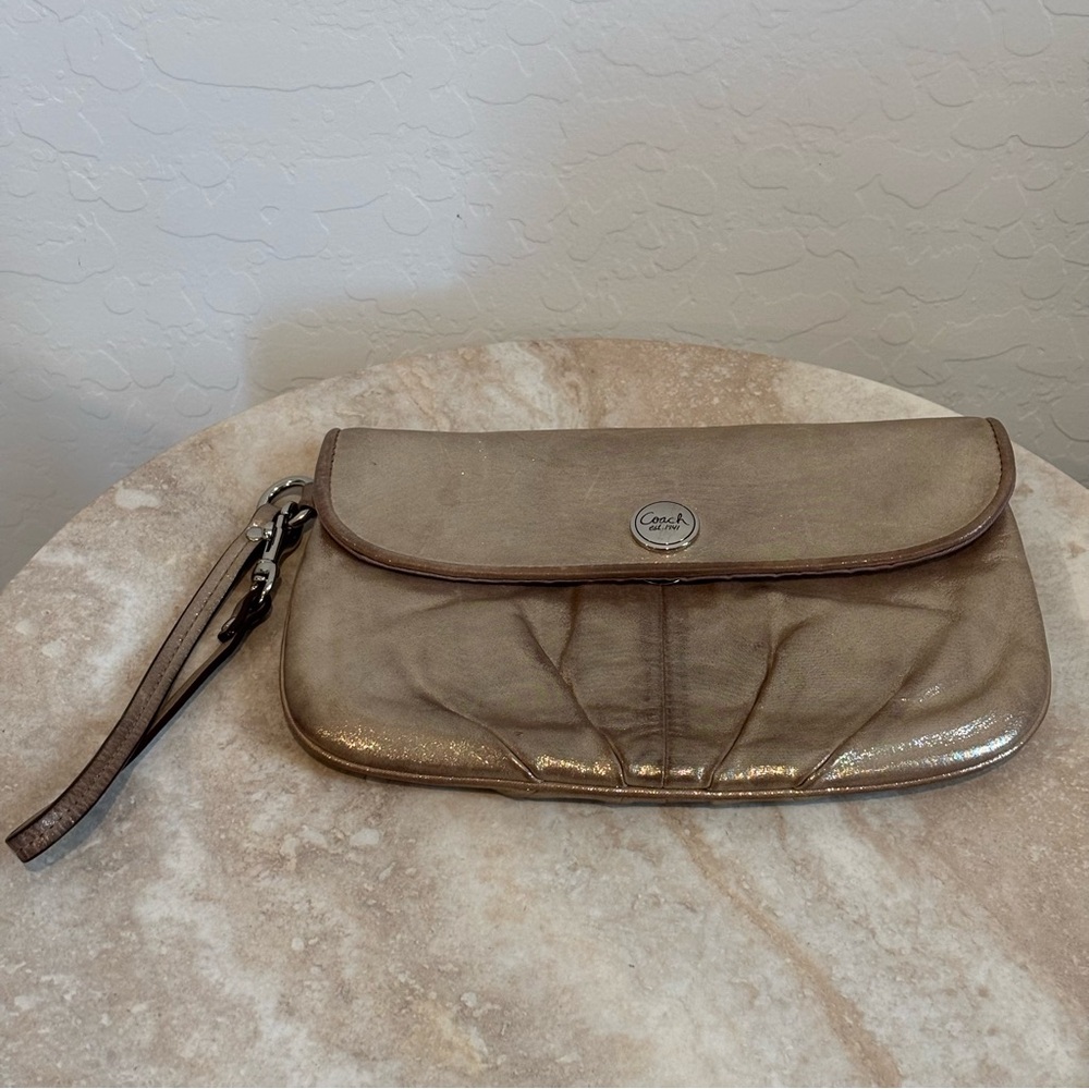 Coach gold shimmer pleated fold over wristlet clutch